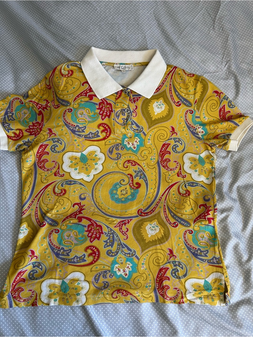 Vintage Etro Yellow Paisley Polo Top with White Collar